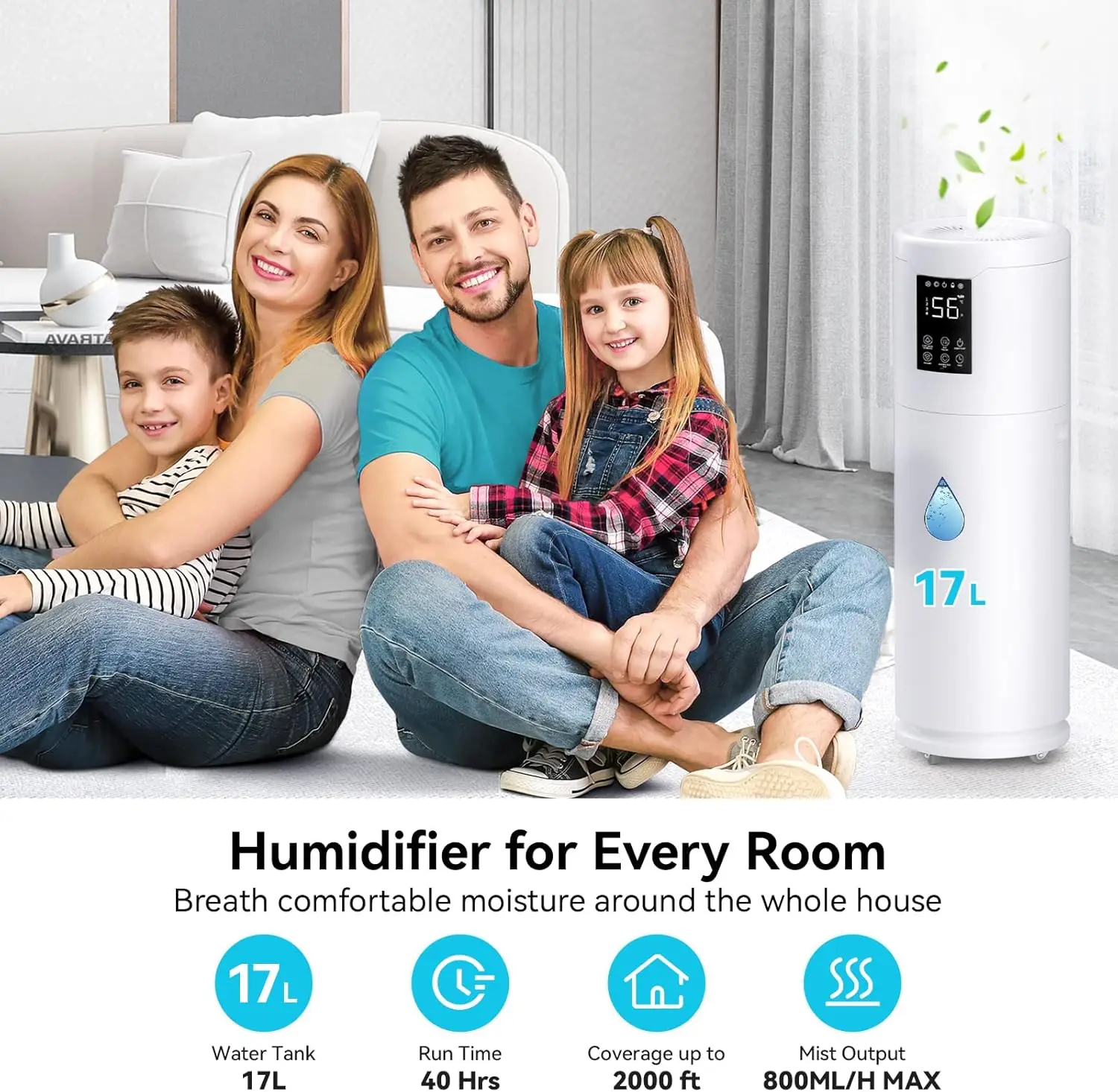 for Large Room Home Bedroom 2000 sq.ft. 17L/4.5Gal Large Humidifier with Extension Tube & 4 Speed Mist,Top Fill Whol 2
