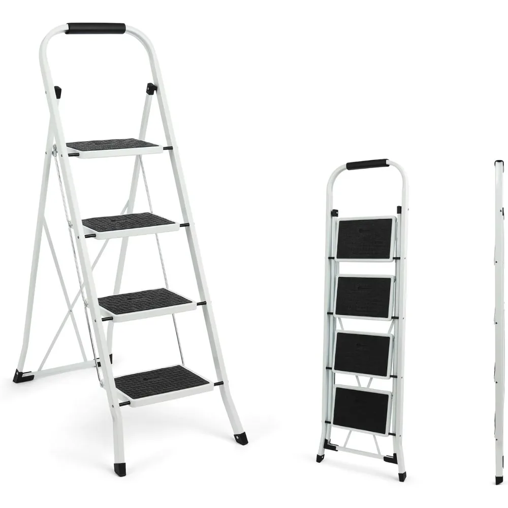 

Step Stool for 4 Step, Retractable Handgrip Folding Step with Anti-Slip Wide Pedal, Folding Ladder