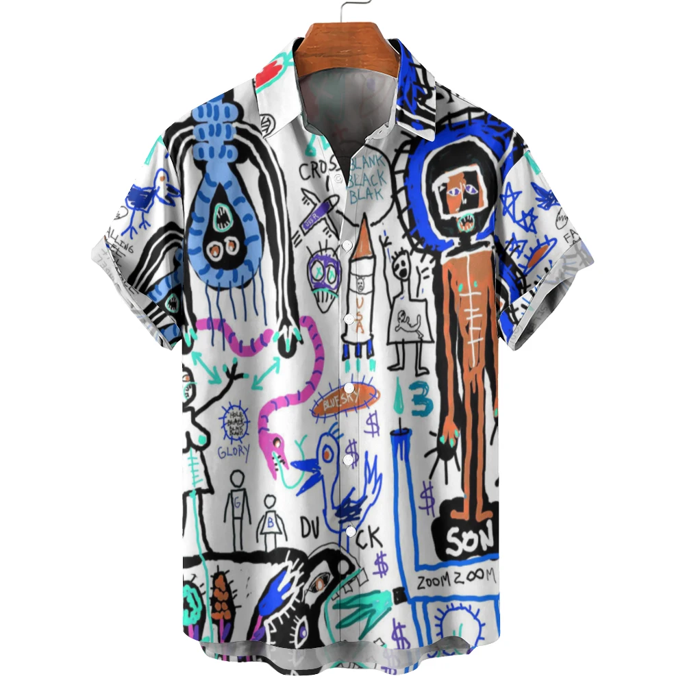

Summer shirt men's short-sleeved full-print breasted shirt cartoon graffiti white shirt fashion breathable lapel street trend