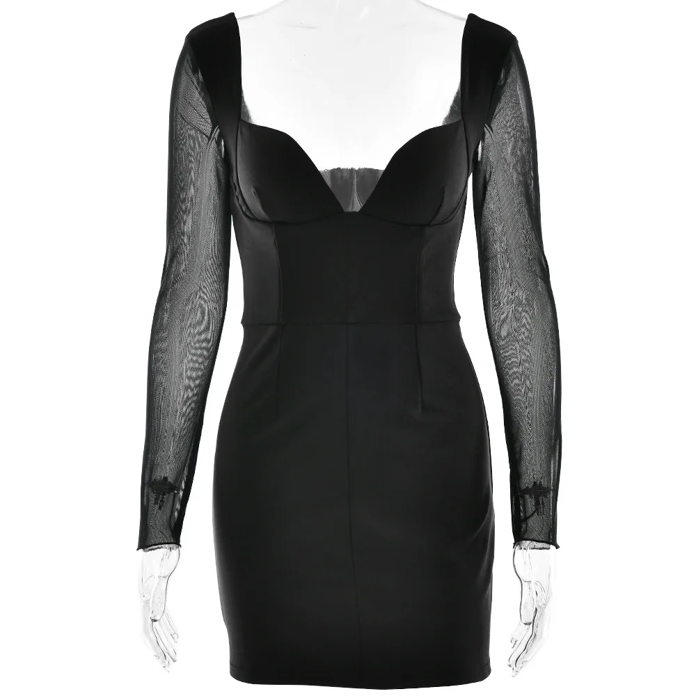 Elegant Long Sleeve Mesh Patchwork Zipper Tight Dress Women Sexy Deep V-Back Short Skirt Party Club Evening Dress 2025