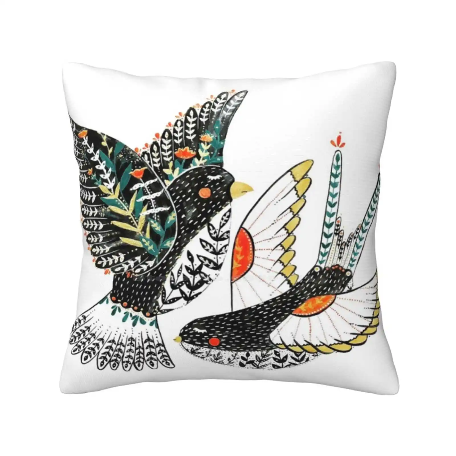 Sparrow & Swallow Home Sofa Car Waist Throw Federa Folk Art Birds Sparrow Swallow Botanical Floral Teal Red Black Animal