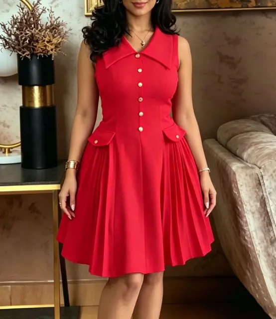 Robe de travail élégante pour femmes, col à boutons dorés, sans manches, coupe ample, style plissé. 6 Robe de travail élégante pour femmes, col à boutons dorés, sans manches, coupe ample, style plissé. 6