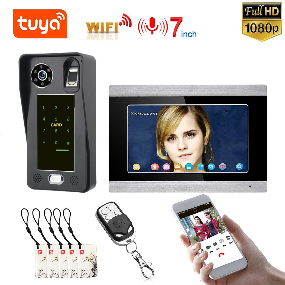 7 inch Wifi Wireless Fingerprint IC Card Video Door Phone Doorbell Intercom System with Wired HD 1080P camera