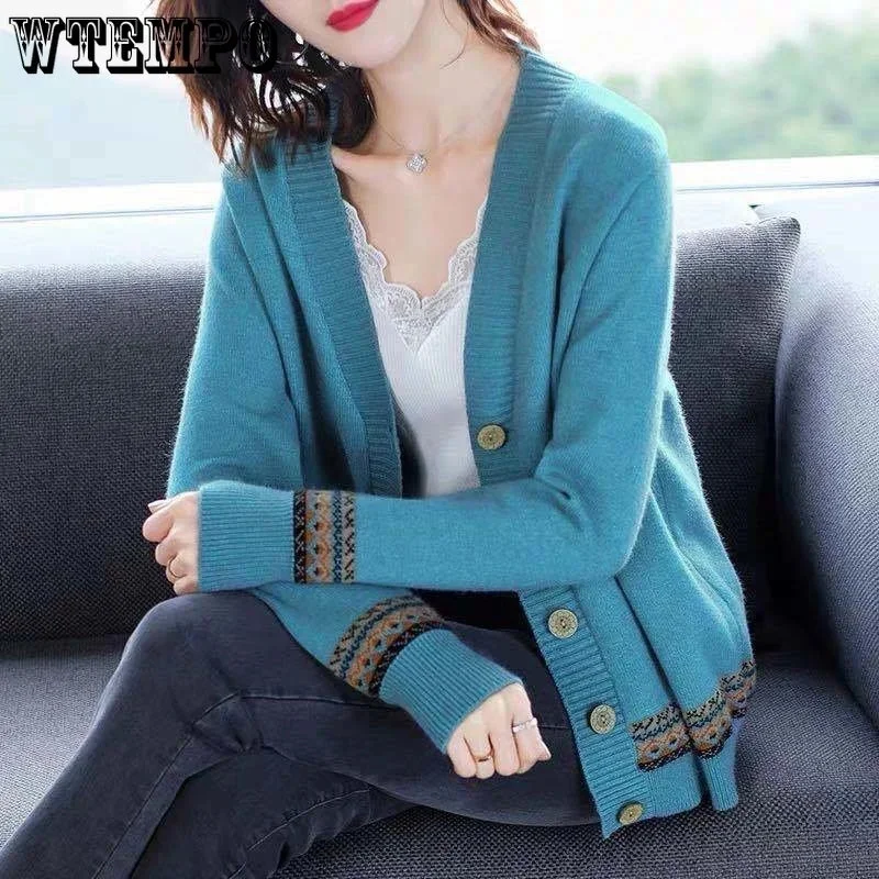 

Spring Autumn Solid Color Women's Knitted Cardigan Long Sleeve Korean Loose V-Neck Button Sweaters Coat Female Clothing