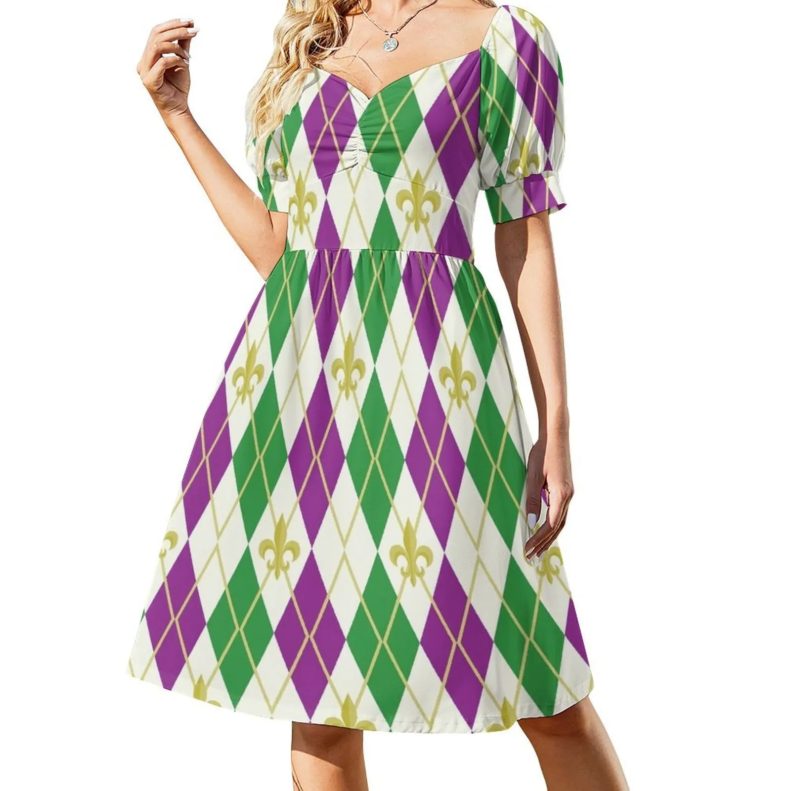 Vestido de manga corta con rombos de Mardi Gras, vestidos elegantes, vestidos de fiesta para mujer, ropa de mujer, vestido de verano