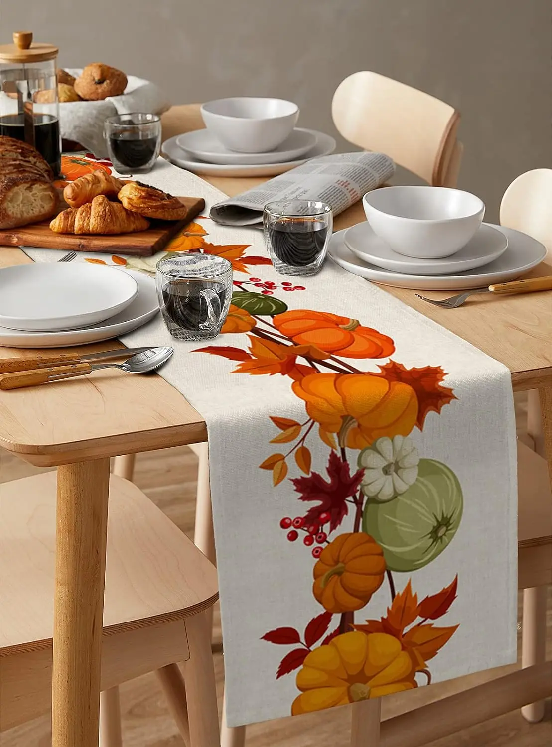 Autumn Maple Leaves Harvest Pumpkin Linen Table Runner Washable Fall Thanksgiving Table Runner Kitchen Coffee Dining Table Decor 2