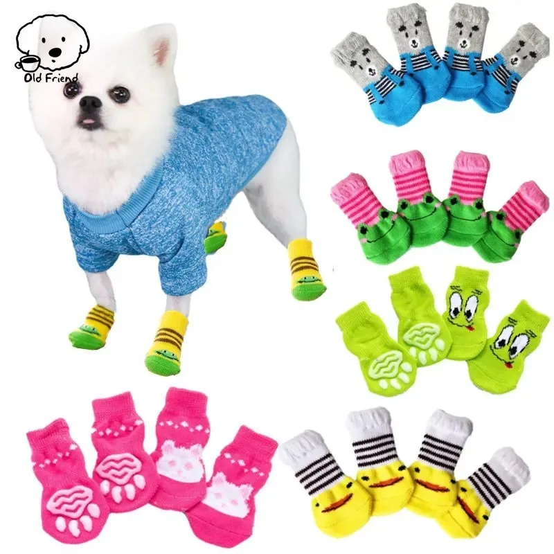 Cute Pet Dog Socks Printed Non-slip Cat and Puppy Shoes Protect PAWS Prevent Dirt Warm Pet Socks 4 Pcs/set dog socks pet shoes