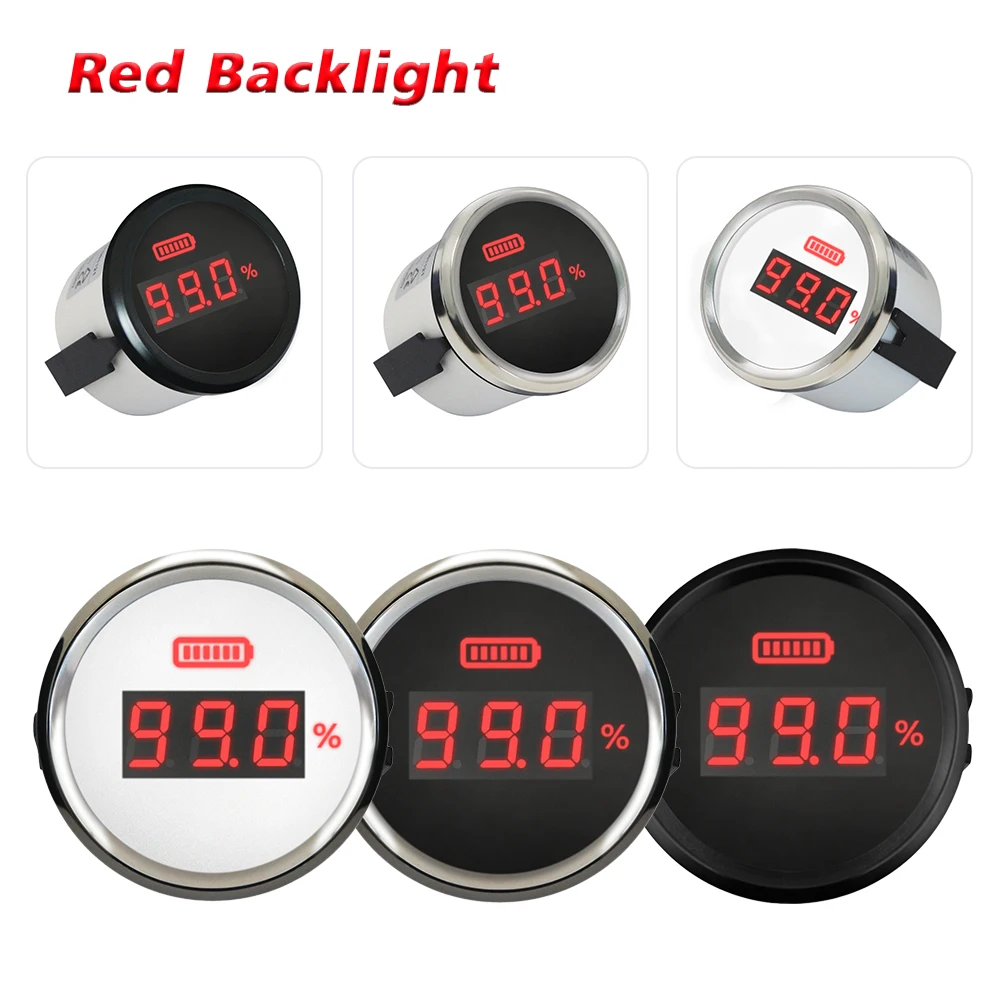 Rhaxel Car 52mm 0100% 디지털 배터리 충전 수준 표시기 게이지 배터리 용량 측정기 빨간색 백라이트가 있는 LED 디스플레이