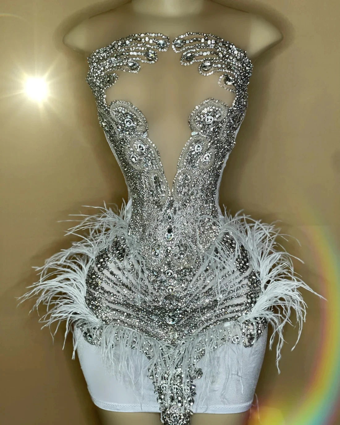 

Silver Diamond Sheer Feather Short Prom Dresses Black Girls Sexy Birthday Party Dresses African Mini Cocktail Dresses Homecoming