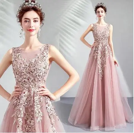 

Bean Paste Prom Dresses Sleeveless Beading Lace Applique Long O-Neck Floor A-Line Pink Formal Party Guests Evening Gowns Elegant