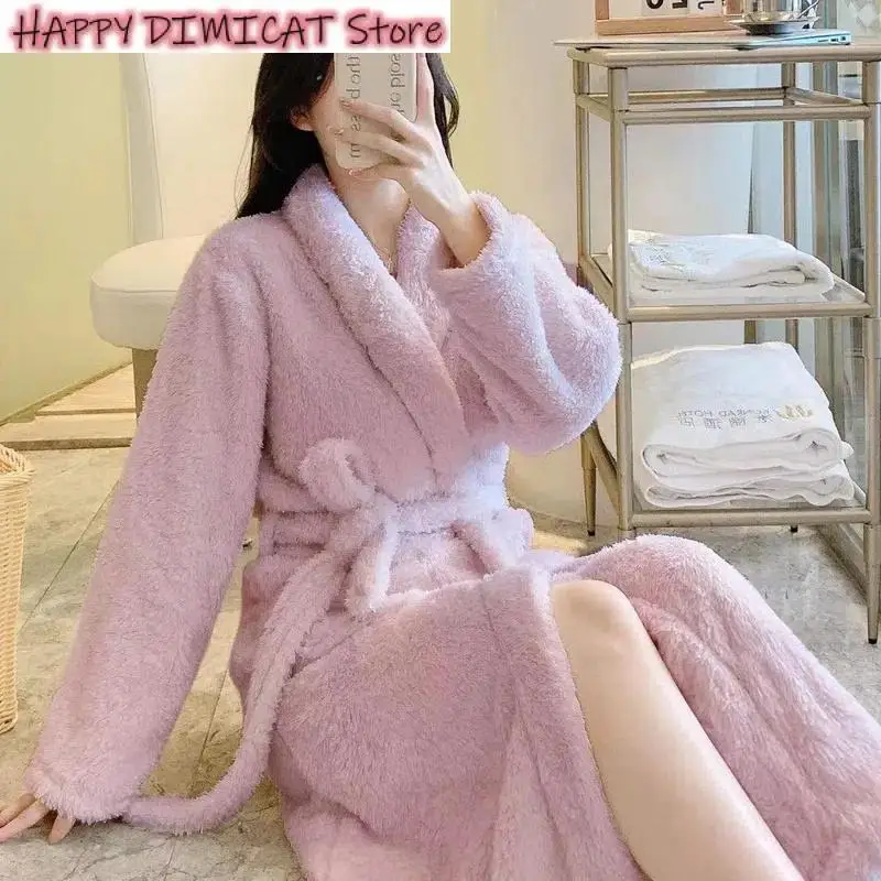 Female Waistband Pajamas Cardigan Jackets Flannel Nightgown Autumn Winter X-long Bathrobe Thicken Fluff Warm Home Service