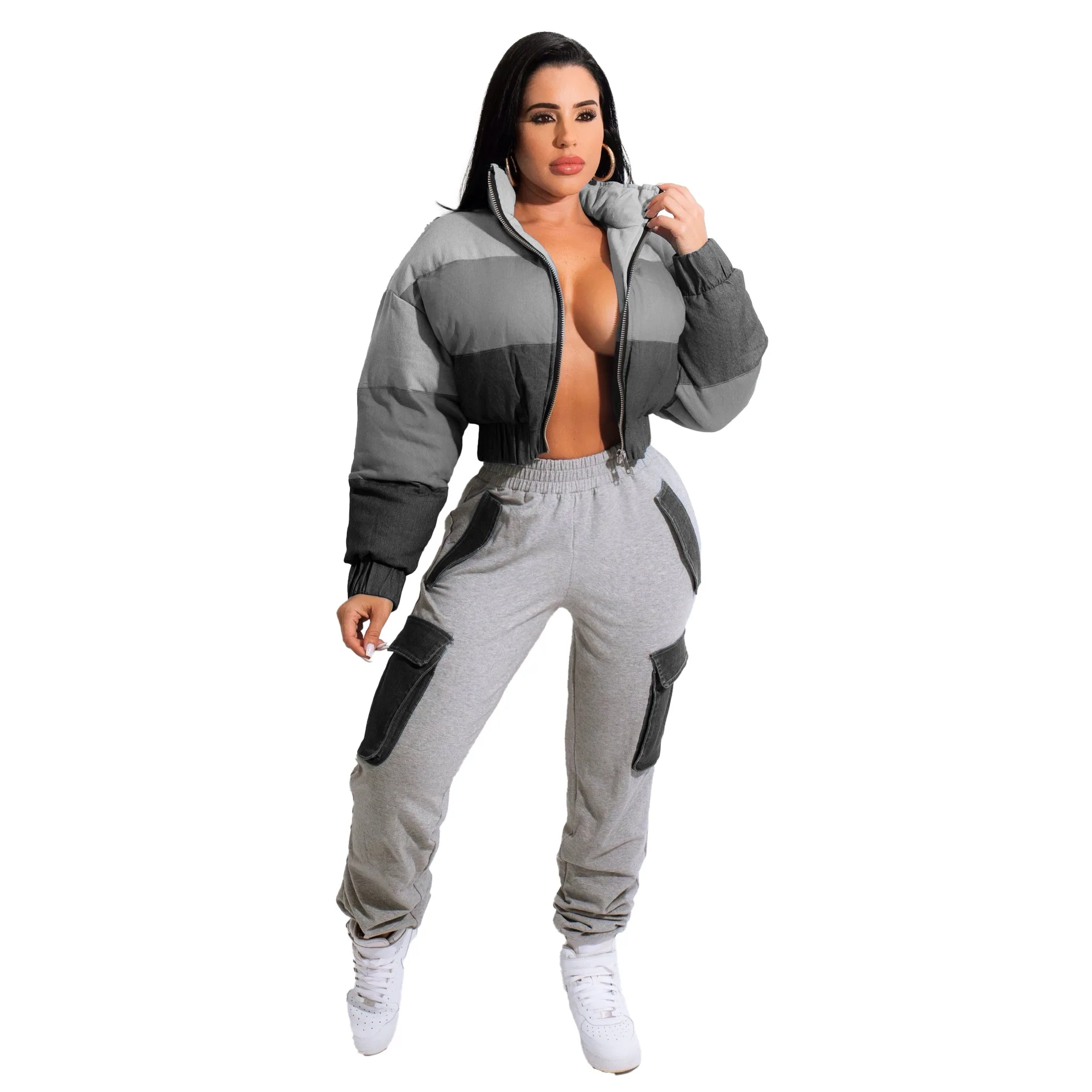 

DEARIRIS Women's Fashion Casual Women's Denim Gradient Patchwork Puffy Jackect