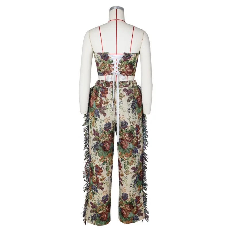 2024 Summer Plant Flower Printed Loose Casual 2 Piece Set Women Off Shoulder Bandage Strapless Crop Top Tassel Pants Streetwear
