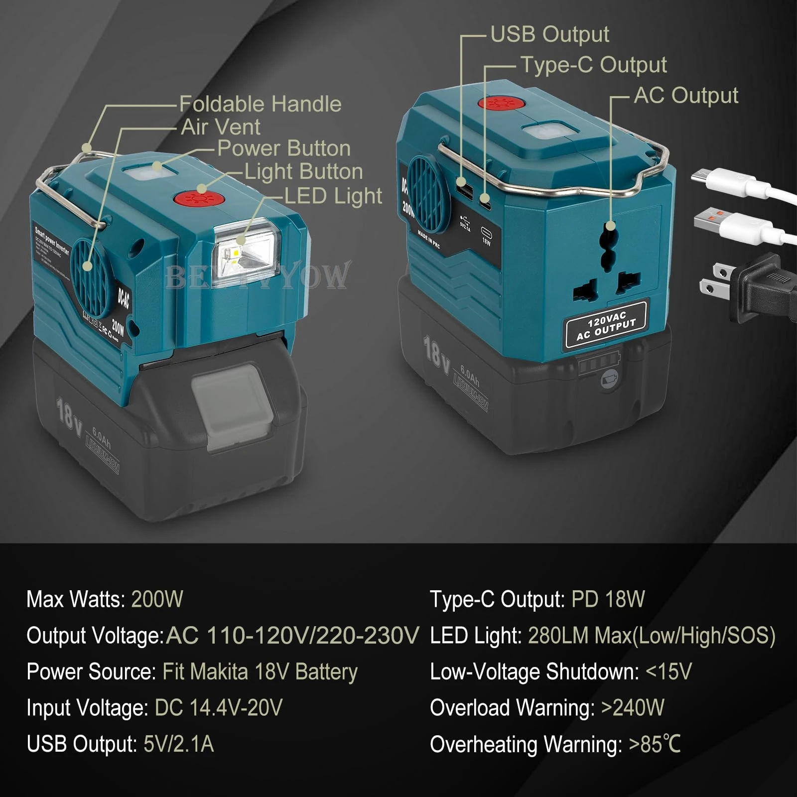 200W Power Inverter for Makita 18V Battery Modified Sine Wave Power Inverter Con