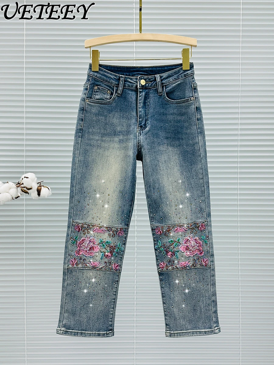 

Embroidery Hot Rhinestone Cropped Jeans Women's 2024 Spring New High Waist Loose All-Match Smoke Tube Straight-Leg Denim Pants