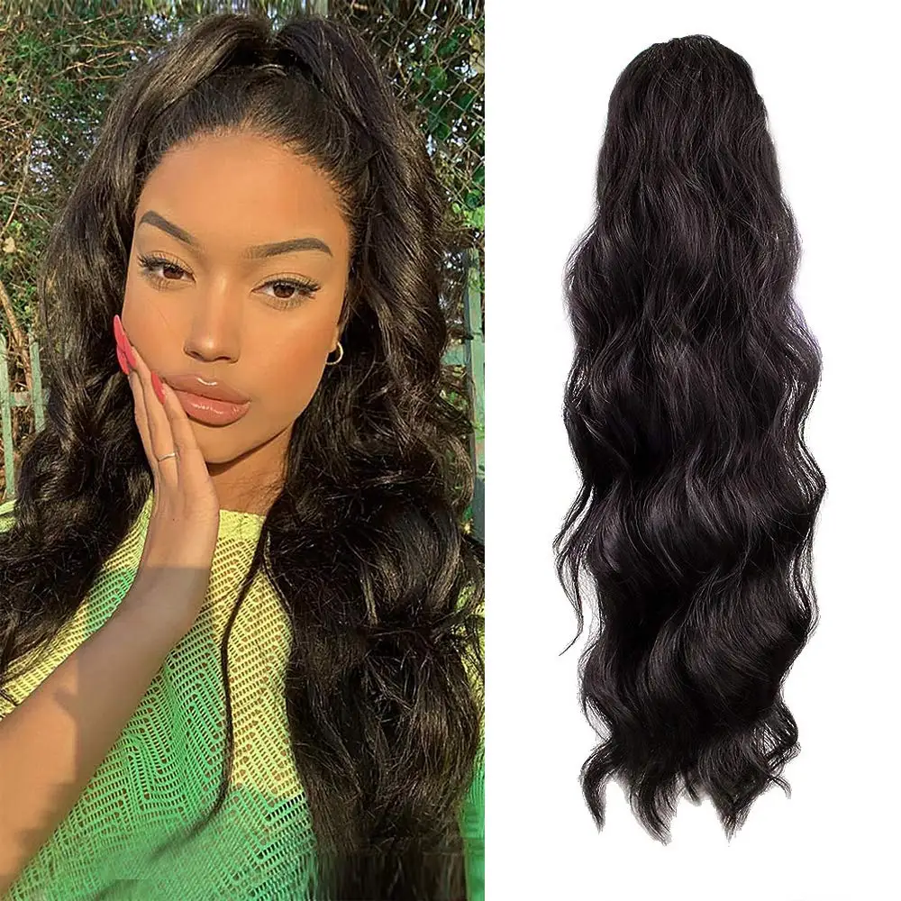 

24 Inch Long Body Wave Ponytail hair Extension Synthetic Heat Resistant Wrap Around Drawstring Curly Hairpieces For Black Women