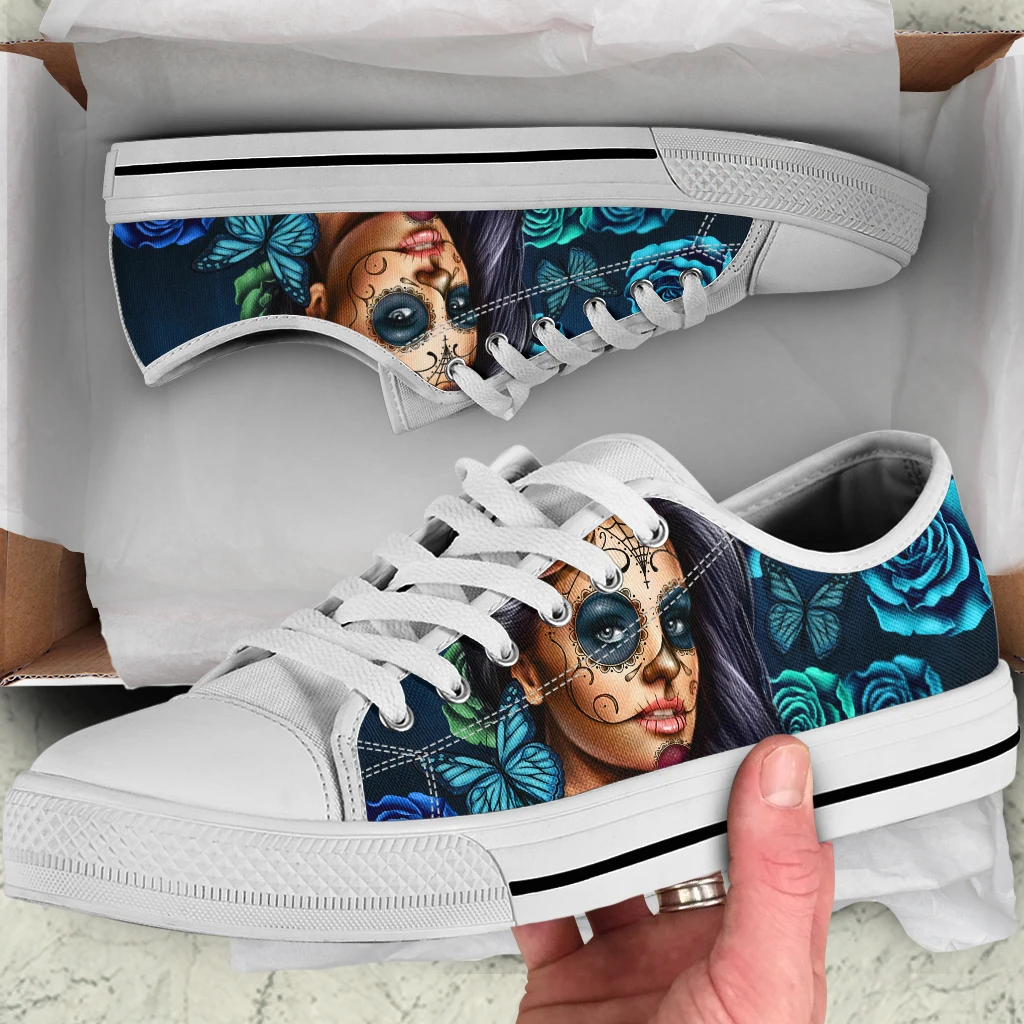 HOT Sugar Skull Calavera Girl Women Sneakers Fashion Breathble Vulcanized Canvas Flat Shoes Women Lace Up Shoes White