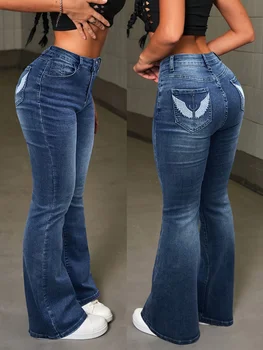 Y2k Casual Stretchy High Waist Wings Embroidered Flare Leg Jeans Sexy Retro Pocket Skinny Fitted Festival Jeans For Women 1