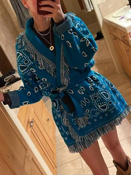 Women Tassel Patchwork Printed Cardigan Geometric Patterns Belts V-neck Long Sleeve Knitted Casual Lady Sweater 2025 Autumn Coat 1
