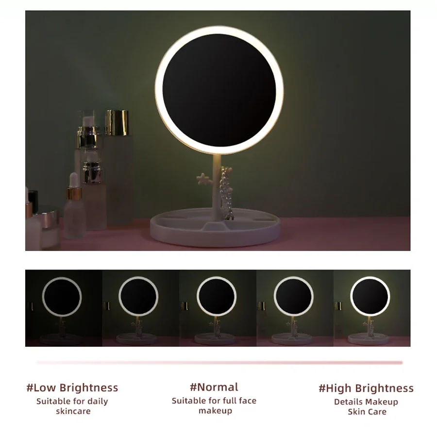 3 Colors Light Led Makeup Mirror With Stand Design Charging Bench Makeup Mirror Ins Girls Small Portable