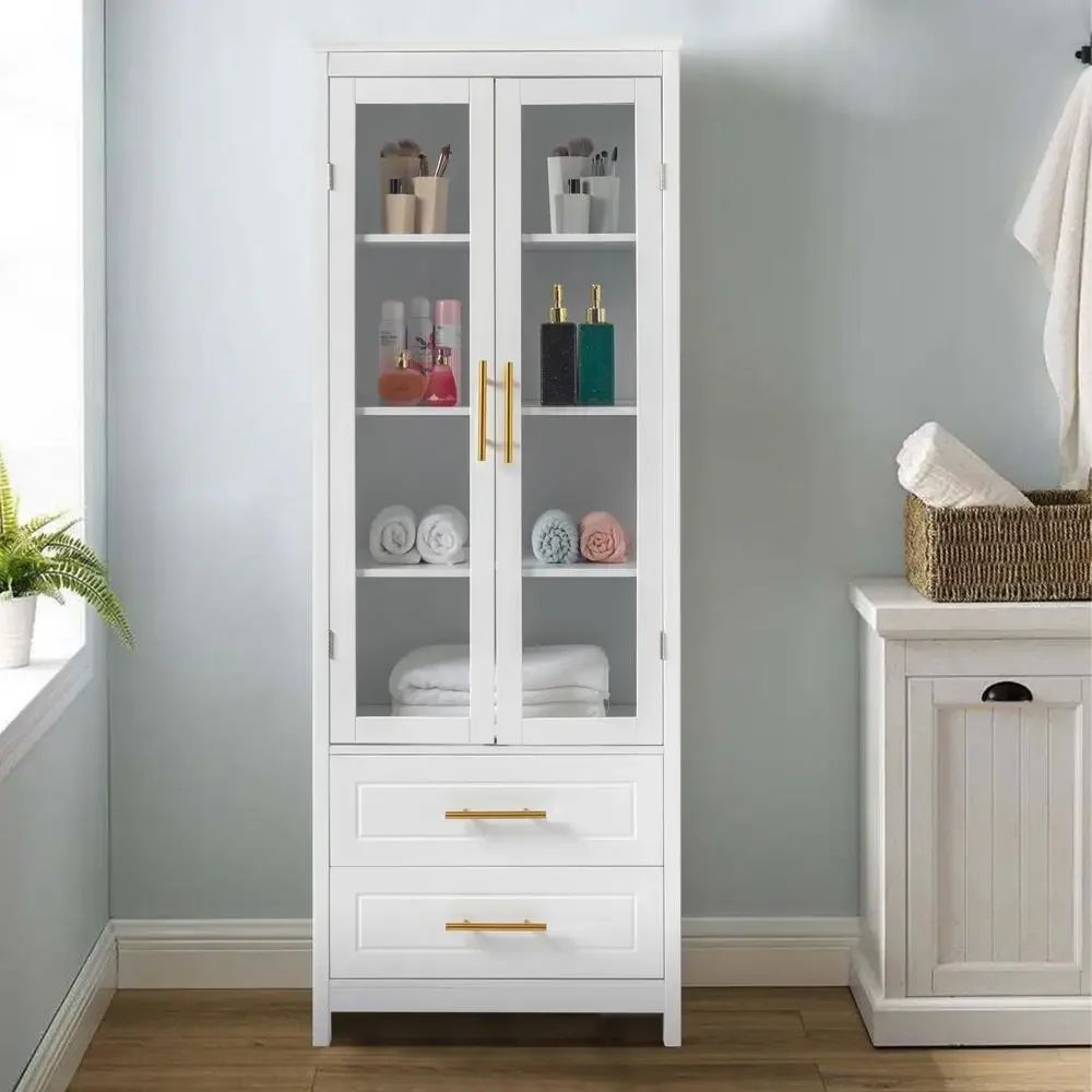 Glass Door Display Cabinet Floor Standing w/ 2 Drawer Storage Cabinet Bookshelf