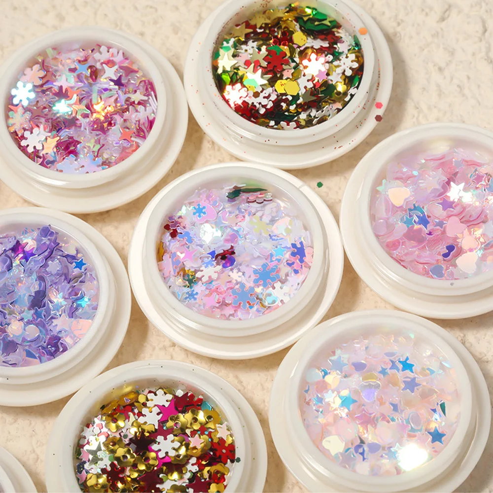 

1 Box Christmas Snowflake Pentagram Laser Holographic Nail Glitter 3D Mirror Color Sequins DIY Nail Art Decoration Parts