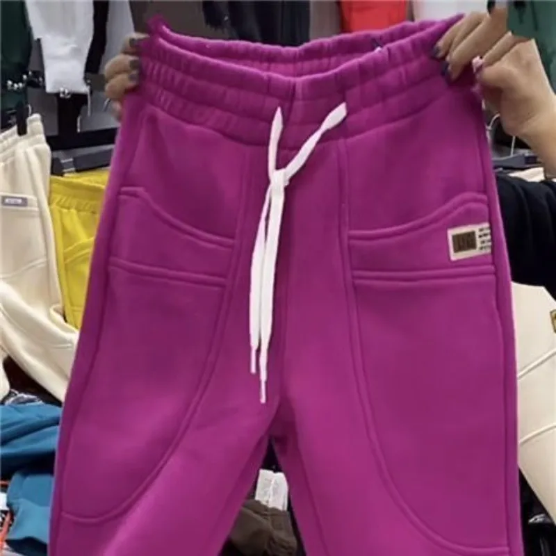 High Waisted Elastic Drawstring New Autumn Winter Women's Solid Patchwork Pockets Loose Belted Thick Casual Sports Harlan Pants