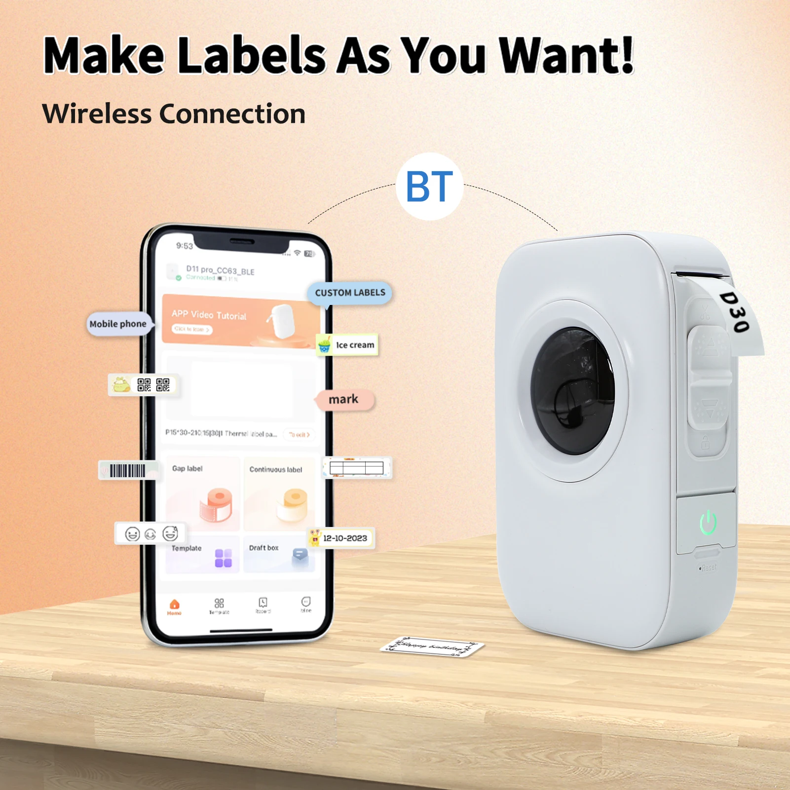 D30 Pro Label Printer Pocket Smartphone Label Maker BT Wireless Thermal Printing 203DPI Support 15mm Width Adhesive 