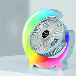 Compact Rechargeable Desk Fan with RGB LED Night Light - 360° Adjustable & Whisper - Quiet Air Circulation (Blue)