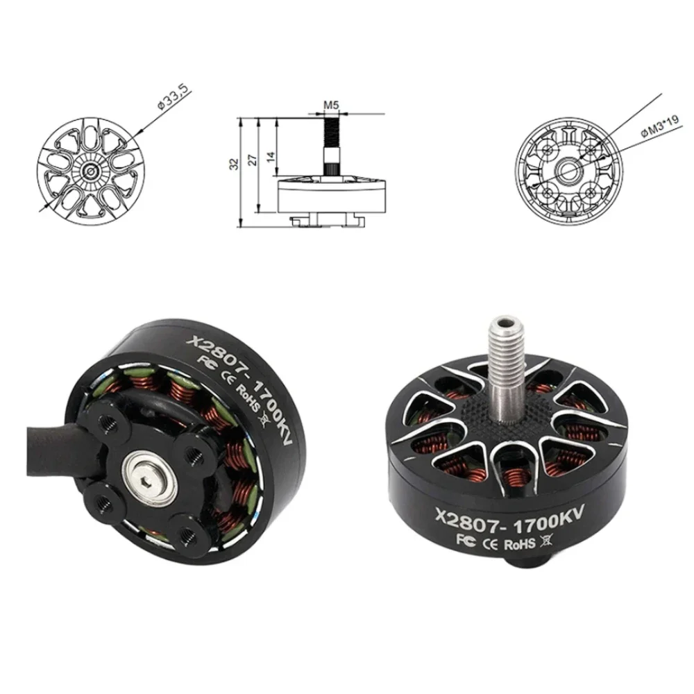 RC FPV 레이싱 드론 멀티콥터용 브러시리스 모터, X2807 2807, 1300, 1500, 1700KV, 2-6S, 4mm 베어링 샤프트 모터, DIY 업그레이드 부품