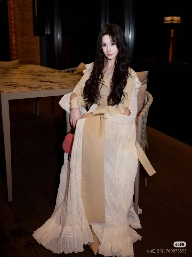 Wmstar Coat Women Wholesale 2025 New Design Sense of Niche Lace Trim Patchwork High End Cinched Waist Slimming Long Suit Trench