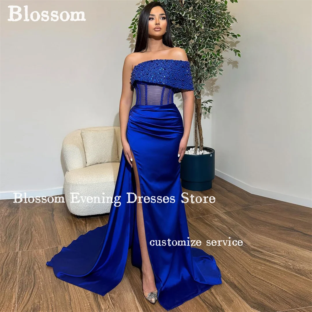 

Blue Off Shoulder Beaded Evening Dresses 2024 Side Slit Mermaid Corset Elegant Women Formal Dresses For Prom Wedding Party Gown
