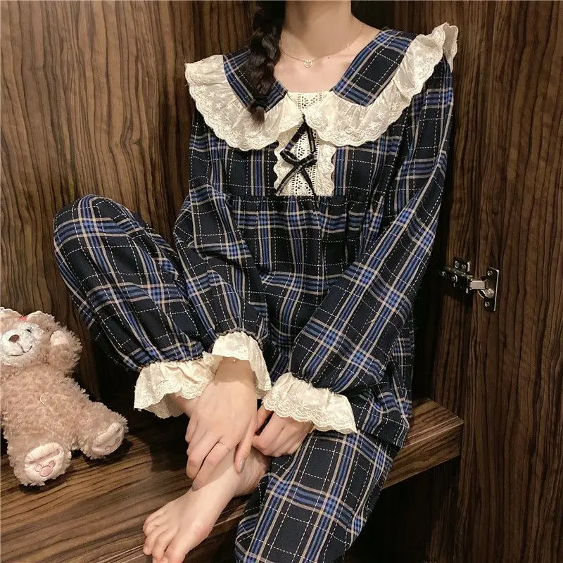 Women Spring Pajamas Korean Lace Pyjamas Long Sleeve Sweet Nightdress Doll Collar Plaid Sleepwear Casual Loose Home Wear Set