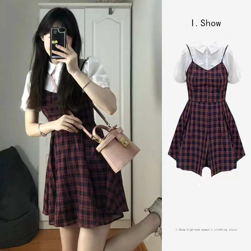 

Dress Fake Two-Piece Puff Sleeve Checked Suspender Female Summer Niche Classy Waist-Waisted Short Skirt