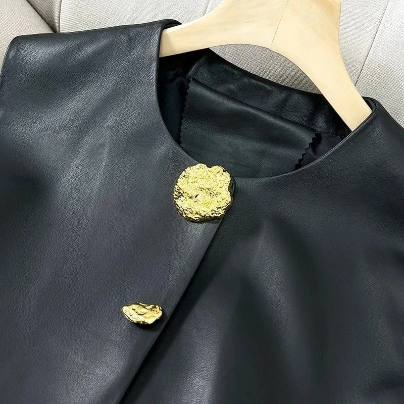 Spring Autumn New High-End Temperament Light Luxury Leather Vest Fashion Design Solid Color Cardigan Jacket Women's Vest Coat 5