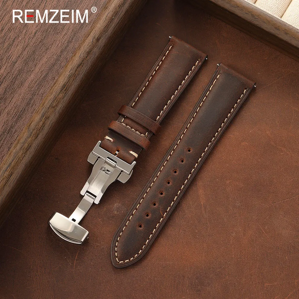 Deluxe Vintage Leather Watch Strap with Quick-Release Butterfly Buckle