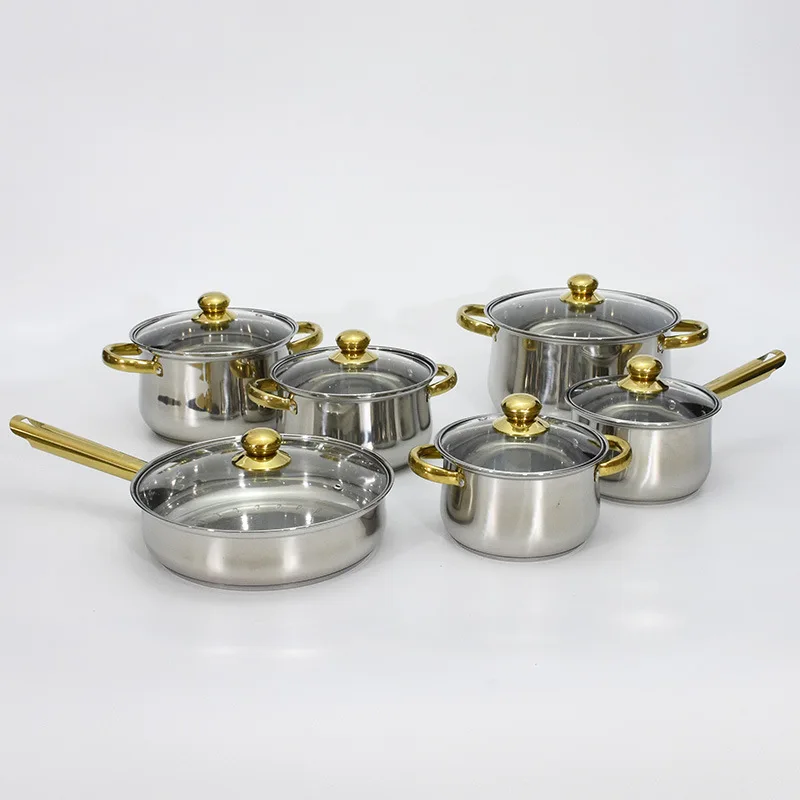 Stainless Steel 12piece Pot Set with Gold-plated Handle Double-bottom Pot  Kitchen Cooking Pot Set with Glass Lid Without Coating - AliExpress