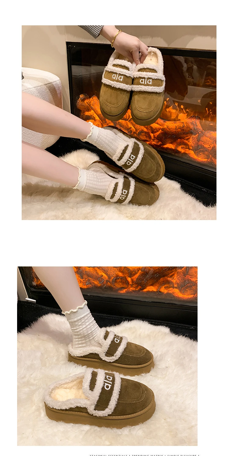 2023 Winter Neue Mode Retro Warme Dicke Sohlen Plüsch Halbe Hausschuhe für Frauen Stil Bequeme Vielseitige Chunky Baumwolle Draggers – Detail 17