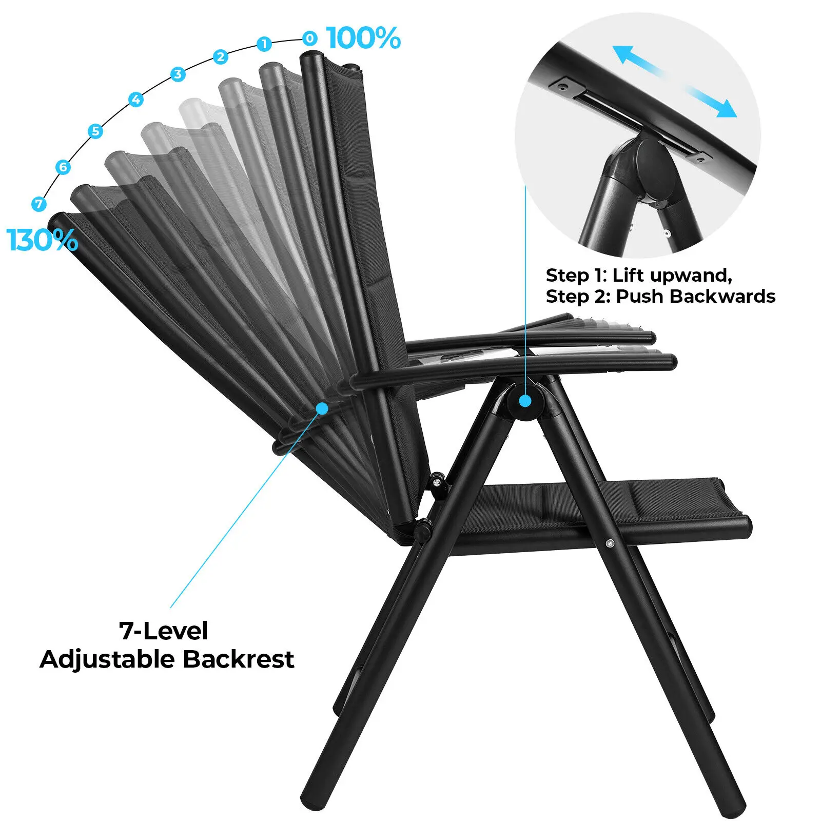 Aluminium Lounge faltbare Gartenstuhl-Rückenlehne mit 7 verstellbaren Einstellungen, mit Armlehnen, wetterfeste Outdoor-Stühle schwarz, grau – Detail 2