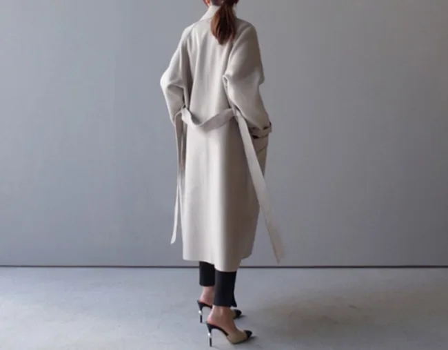 Vintage Wool Blend Coat Women Autumn Winter Long Sleeve Lapel Long Jacket Female Korean Fashion Elegant Loose Oversized Overcoat
