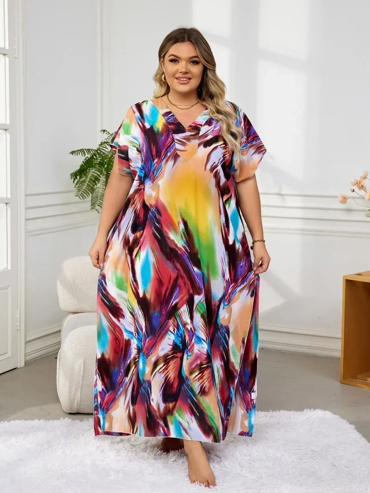 

EDOLYNSA Plus size Chic Printed Boho Long Dress Kaftan Robe House Dress For Women 2024 Summer Beach Wear Maxi Dresses Q831
