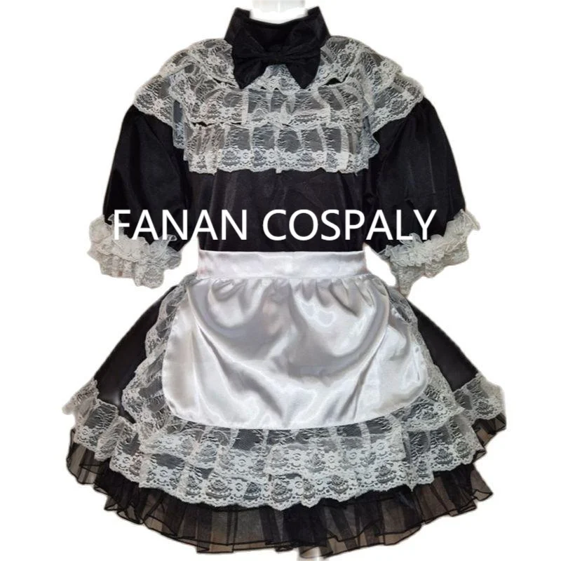 

Платье атласное с коротким рукавом для взрослых, тонкое пикантное платье для девочек, белый фартук, настраиваемая японская горничная, ролевая игра