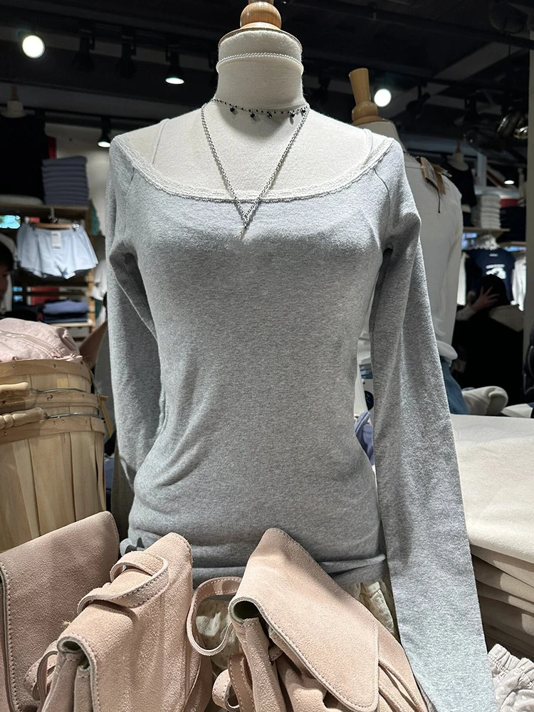 

Кружевная серая футболка в стиле пэчворк с длинным рукавом для женщин, облегающая футболка с глубоким вырезом, милая Осенняя винтажная Повседневная футболка, хлопковый топ