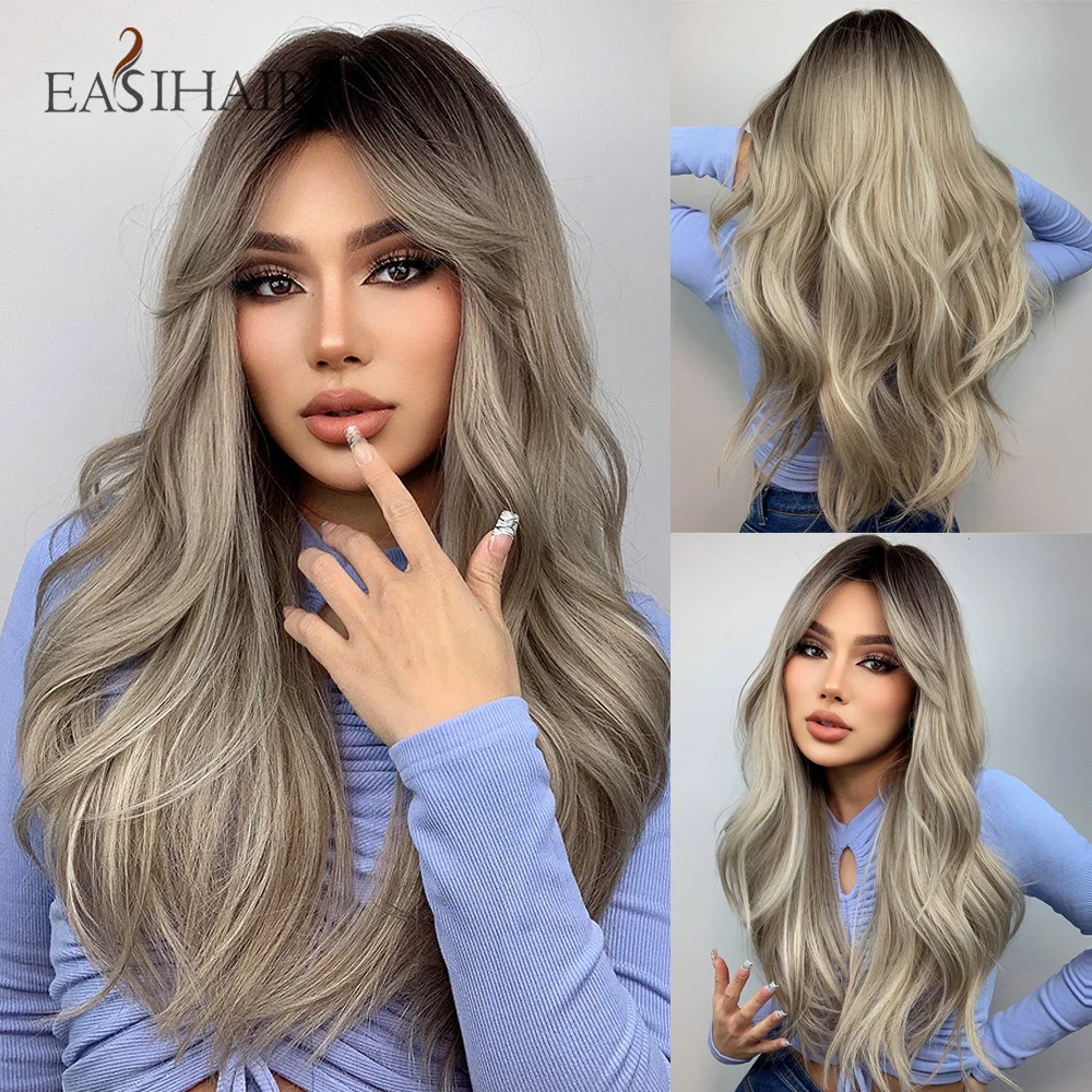 

EASIHAIR Brown Ombre Grey Synthetic Bangs Wigs for Women Ash Blonde Long Natural Wave Hair Wigs Daily Cosplay Use Heat Resistant