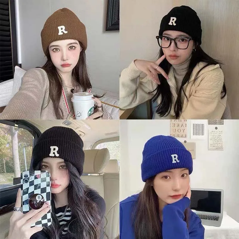 

Letter R Knitted Beanie Hats Women Men Autumn Winter Outdoor Woolen Warm Cap Korean Fashion Versatile Casual Hip Hop Hats 모자