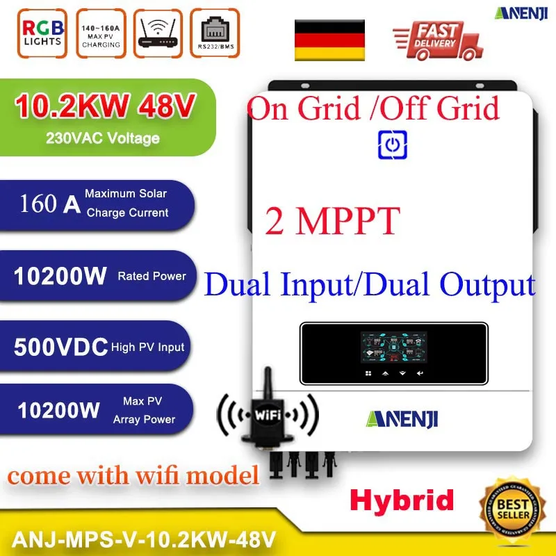 

10.2KW Hybrid Solar Inverter 2.2KW 48V 230V Pure Sine Wave Off Grid Inverter PV 500V 160A Dual MPPT Solar Charger Dual PV Output