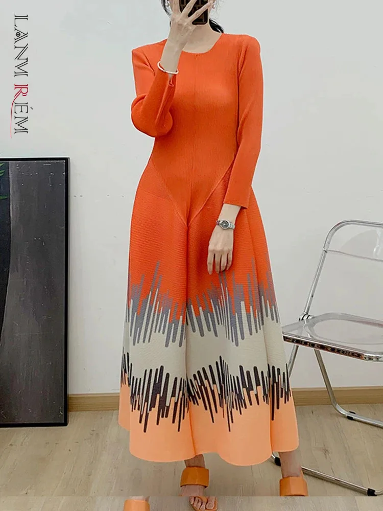 

Женское плиссированное платье LANMREM, 2024 весеннее платье с круглым вырезом, контрастный цвет, вечерние платья 2DA3614