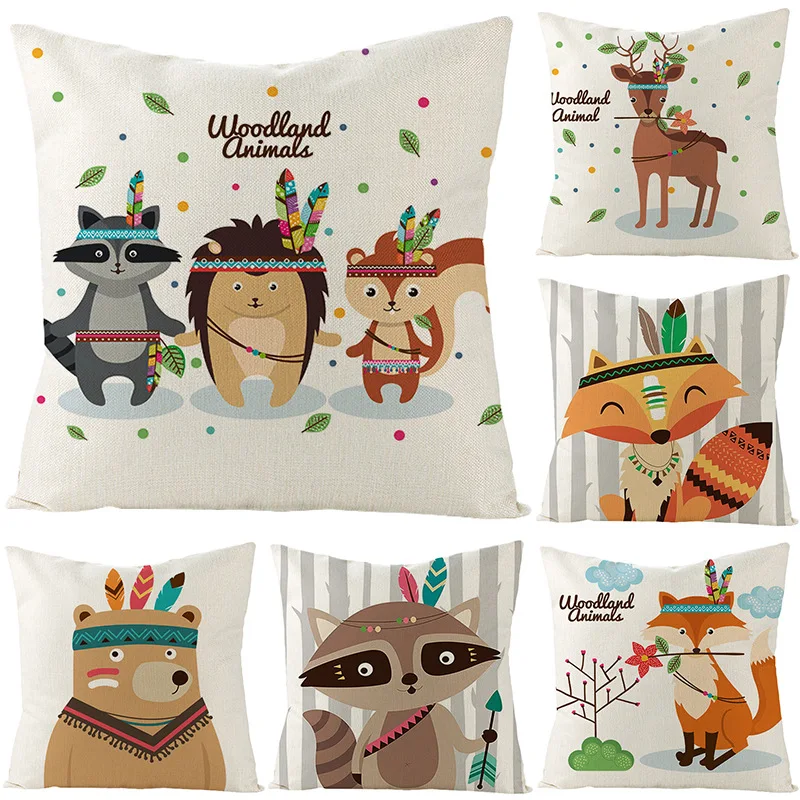 

2023 NEW Ethnic Style Cartoon Lovely Animals Cushion Cover Linen Cute Bear Fox Deer Print Pillow Cover Kids Room Pillows Decor