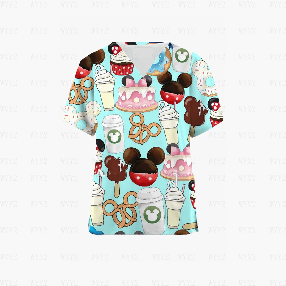 

Disney Minnie Mouse Scrub Uniform Women's Short Sleeve V Neck Shirt T-Shirt Printed Pocket Medical Uniform Paramedic Coverall