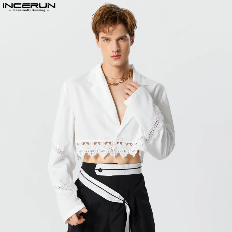

American Style Fashion New Men's Lace Patchwork Suit Coats Casual Party Show Cropped Long Sleeved Blazer S-5XL INCERUN Tops 2023